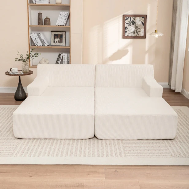 Leżanka wypoczynkowa z podłokietnikiem - Beż, podwójna, aranżacja w salonie.