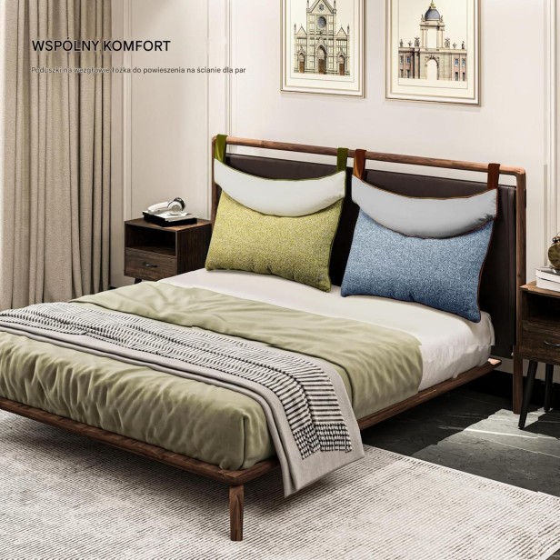 Grafika pod tytułem "WSPÓLNY KOMFORT" przedstawia aranżację sypialni promującą dwie sztuki personalizowanej poduszki zagłówkowej zamontowane obok siebie
