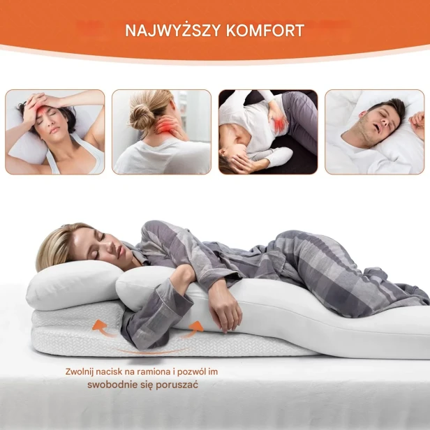 Kobieta śpi na boku na poduszce, która wspiera jej głowę, kręgosłup i biodra.