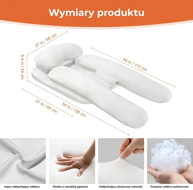 Grafika przedstawia szczegółowe wymiary i specyfikację materiałową promowanej poduszki ortopedycznej/ciążowej.