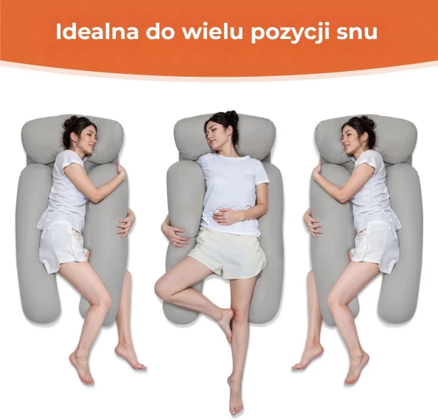 Grafika pod tytułem "Idealna do wielu pozycji snu" wizualnie demonstruje wszechstronność promowanej poduszki.