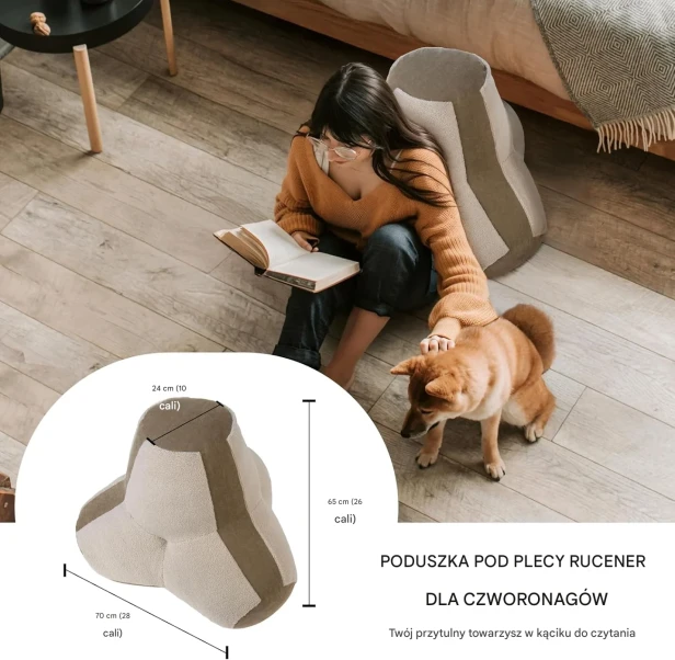 Zastosowanie dużej, geometrycznej poduszki jako komfortowego oparcia lędźwiowego podczas czytania na podłodze, z dodatkowym akcentem na obecność psa, podkreślając relaksujący i przytulny charakter produktu. Wymiary produktu.