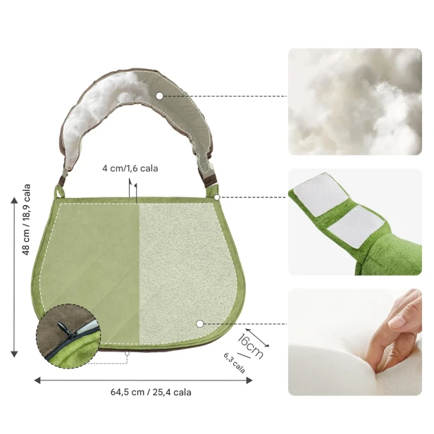 Infografika z wymiarami i detalami dużej, pikowanej, dwustronnej torebki na ramię w kolorze zielonym (48x64,5 cm).