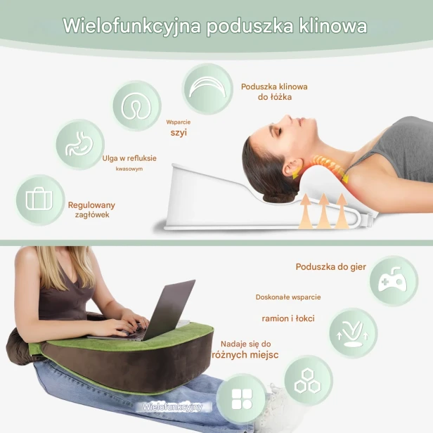 Infografika prezentuje dwa główne zastosowania wielofunkcyjnego produktu, który może służyć zarówno jako poduszka klinowa, jak i poduszka-stolik na kolana (do gier lub pracy z laptopem).