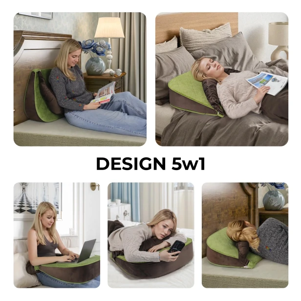 Montaż pięciu zdjęć (kolaż) prezentujących różne zastosowania wielofunkcyjnej poduszki w kształcie klina lub półksiężyca, w kolorach zielonym i brązowym. Centralny napis to "DESIGN 5W1".