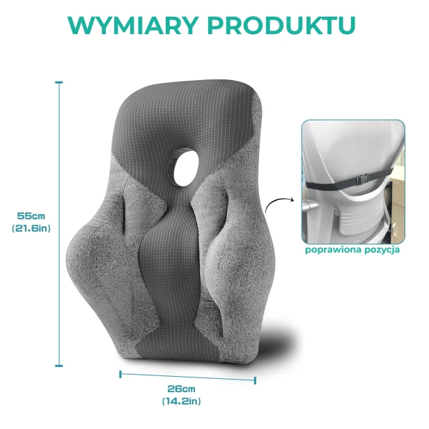 Prezentacja wymiarów i funkcji ergonomicznej poduszki lędźwiowej/podparcia pleców do krzesła.