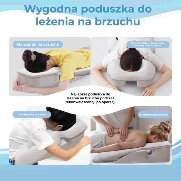 Infografika promująca Wygodną poduszkę do leżenia na brzuchu i jej wielorakie zastosowania.