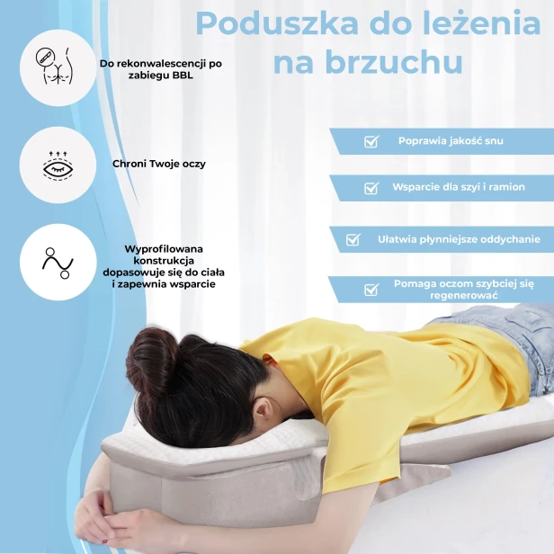 Infografika przedstawiająca zalety ergonomicznej poduszki do leżenia na brzuchu.