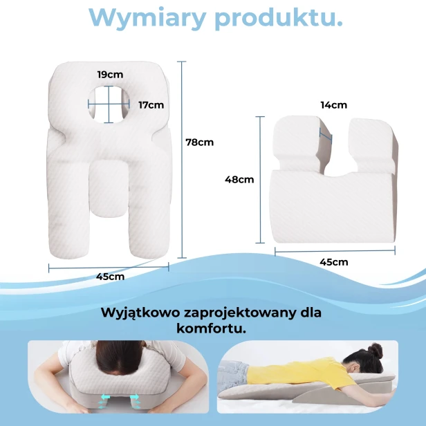 Infografika przedstawiająca szczegółowe wymiary ergonomicznej poduszki do leżenia na brzuchu i spania na boku.