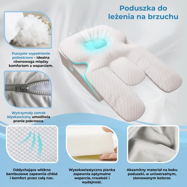 Materiały i jakość Poduszki do Leżenia na Brzuchu - Wypełnienie poliestrowe, pianka, oddychający bambus