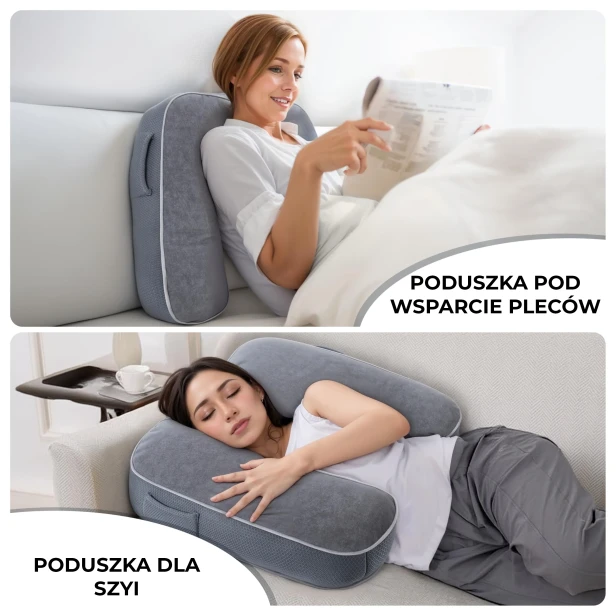 Zdjęcie prezentujące dwa dodatkowe sposoby użycia szarej, ergonomicznej poduszki na Kolana z Podłokietnikami.