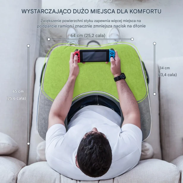 Zdjęcie z lotu ptaka ilustrujące dużą powierzchnię szarej poduszki z limonkowym blatem (64x65 cm), używanej jako podparcie dla ramion podczas grania na konsoli przenośnej.