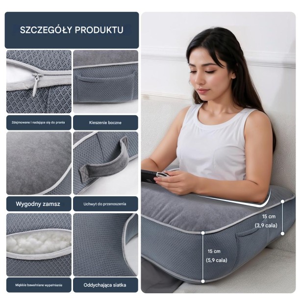 Szczegółowa prezentacja cech szarej, wielofunkcyjnej poduszki.