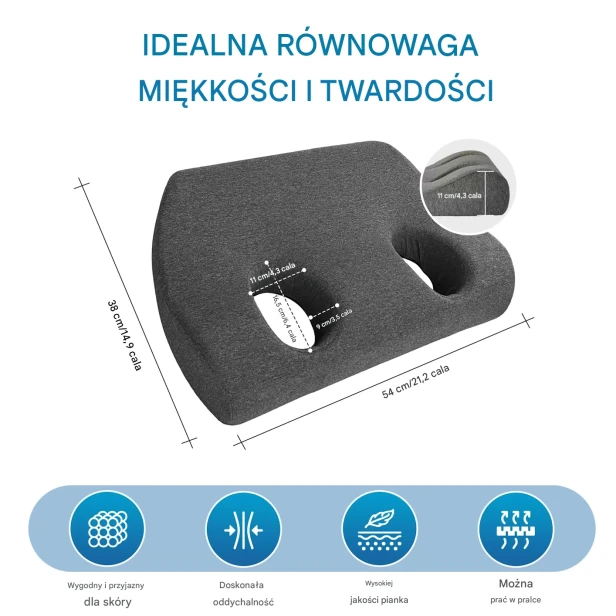 Szczegółowe wymiary poduszki z otworami na uszy (54x38 cm) i jej kluczowe cechy.