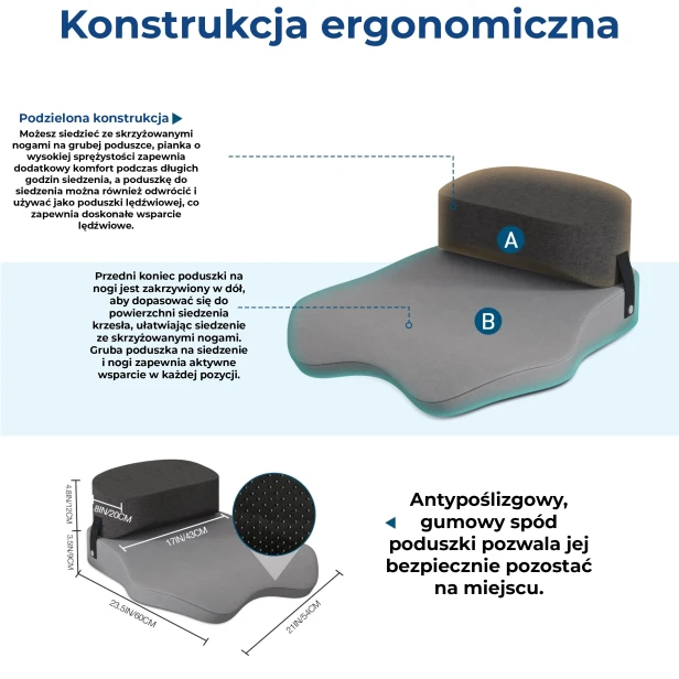 Szczegółowa prezentacja konstrukcji ergonomicznej zestawu do siedzenia, zaprojektowanego specjalnie do pozycji ze skrzyżowanymi nogami.