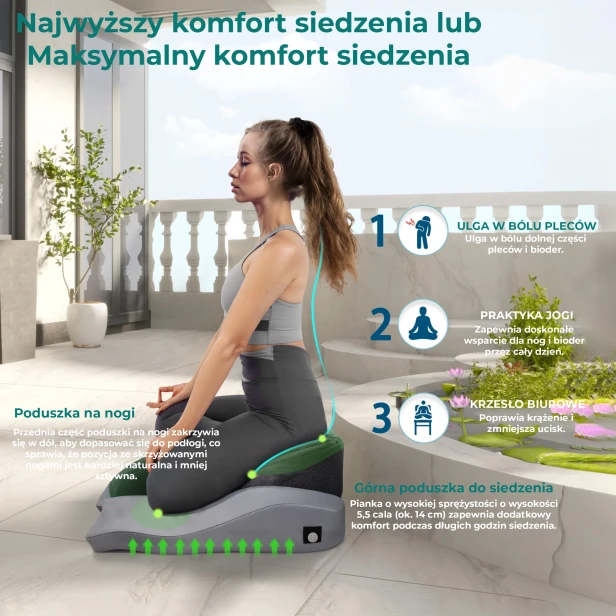 Kobietę używająca zestawu poduszek na tarasie, ilustrując hasło "Najwyższy komfort siedzenia".