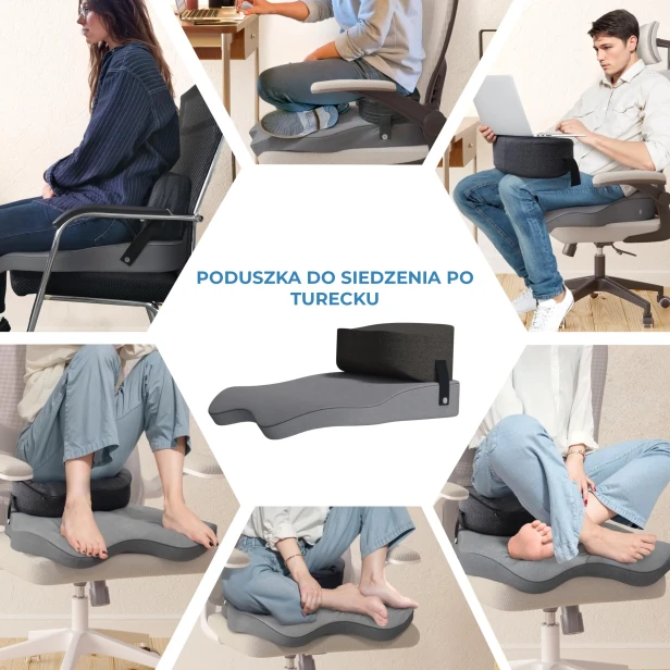 Kolaż prezentuje wielofunkcyjność poduszki w sześciu różnych scenariuszach, potwierdzając jego tytuł: "PODUSZKA DO SIEDZENIA PO TURECKU".