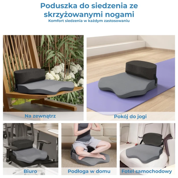 Kolaż obrazuje hasło przewodnie: "Poduszka do siedzenia ze skrzyżowanymi nogami" oraz "Komfort siedzenia w każdym zastosowaniu". Produkt jest prezentowany w 5 kluczowych scenariuszach.