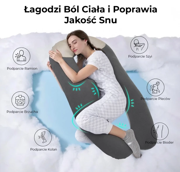 Kobieta śpiąca spokojnie na boku, otulona dużą, szaro-beżową poduszką całościową typu U. Kluczowe punkty podparcia.
