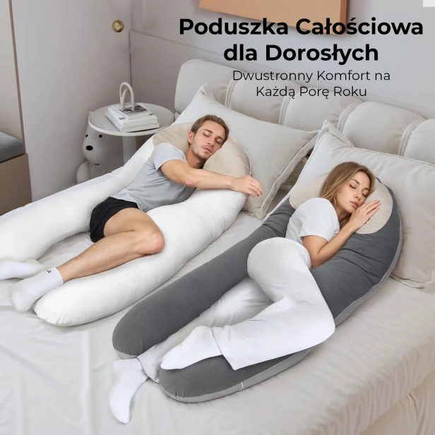 Poduszka Całościowa dla Dorosłych – Dwuosobowy Komfort U-Shape na Każdą Porę Roku. Dwie osoby śpiące na boku.
