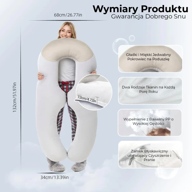 Szczegółowa specyfikacja produktu, Wymiary Poduszki U-Shape (132x68 cm) – Jedwabne Pokrowce, Bawełniane Wypełnienie PP, Zamek Błyskawiczny