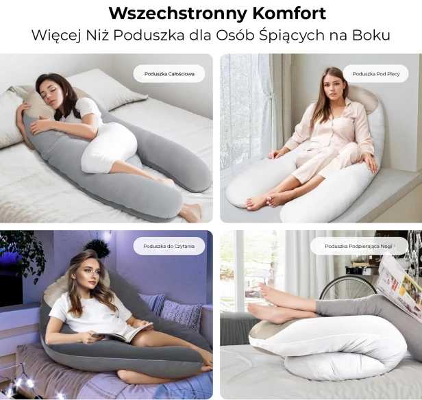 Kolaż czterech zdjęć demonstrujących wszechstronne zastosowanie dużej luksusowej poduszki ciążowej.