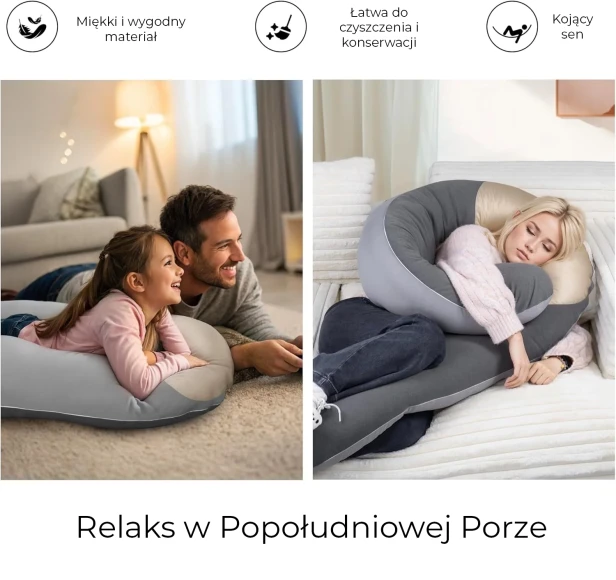 Kolaż dwóch zdjęć prezentujących poduszkę całościową w kolorze szarym i beżowym. Lewe zdjęcie przedstawia uśmiechniętego ojca i córkę, relaksujących się na poduszce w salonie. Prawe zdjęcie przedstawia kobietę śpiącą otuloną poduszką w łóżku.