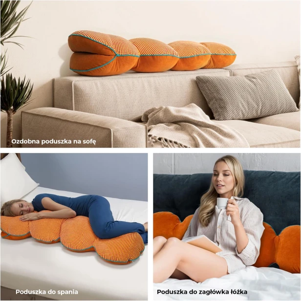 Kolaż, który prezentuje wielofunkcyjne zastosowanie ergonomicznej poduszki segmentowej ("poduszka wąż") w różnych kontekstach domowych.