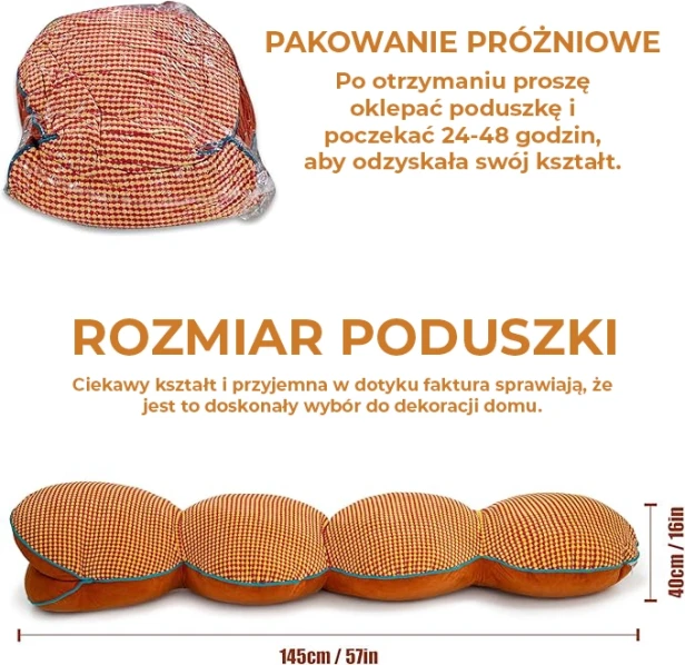 Plansza informacyjna, która podsumowuje proces dostawy (pakowanie próżniowe) oraz przedstawia wymiary poduszki segmentowej ("węża").