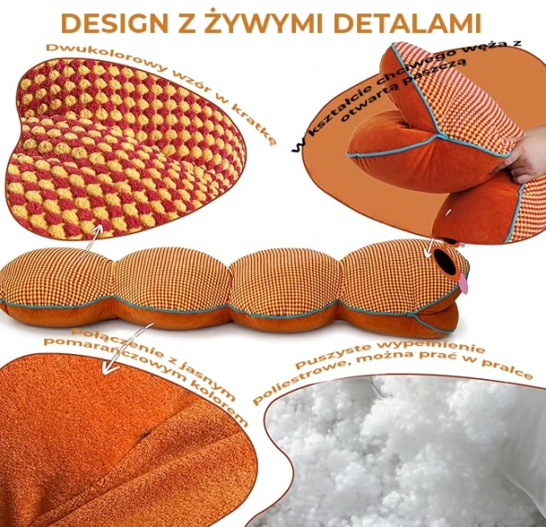 Plansza reklamowa, która szczegółowo prezentuje design, materiały i wypełnienie poduszki segmentowej ("węża").