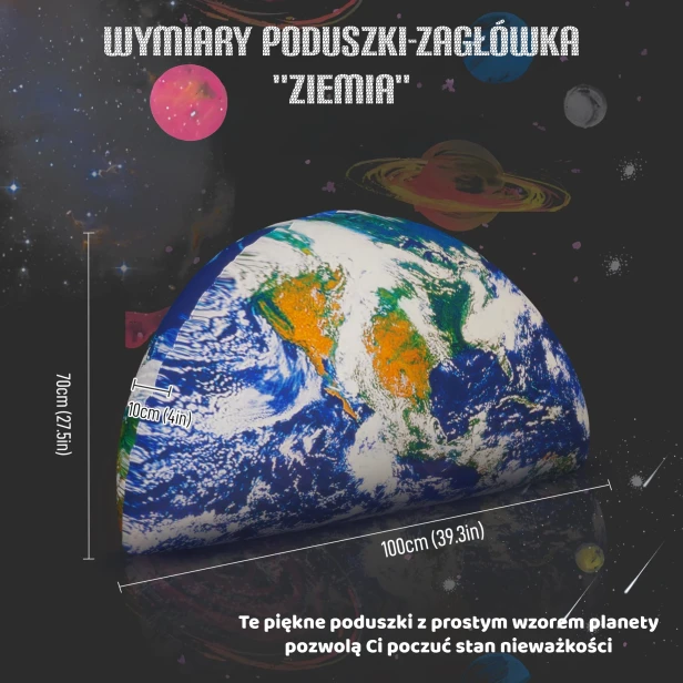 Infografika pokazująca wymiary poduszki dekoracyjnej "Planeta Ziemia"