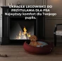Uroczy, rudy szczeniak leży w okrągłym, miękkim legowisku w kolorze bordowym/czerwonym, umieszczonym przy kominku.