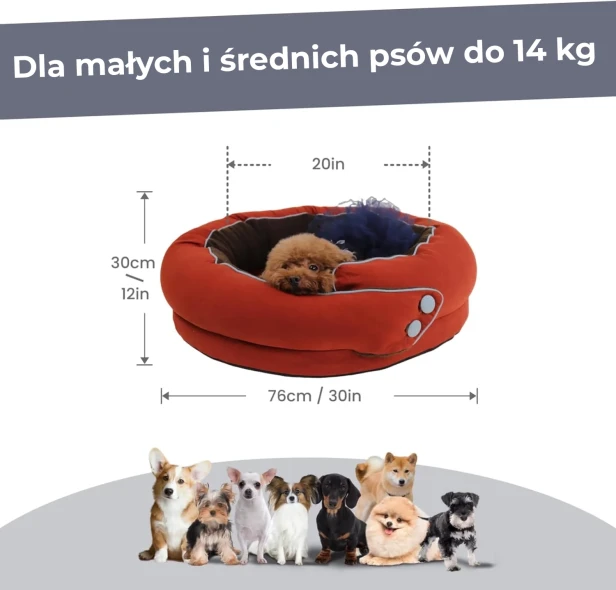 infografika prezentująca legowisko w kolorze rdzawym/terakotowym, przeznaczone dla małych i średnich psów.