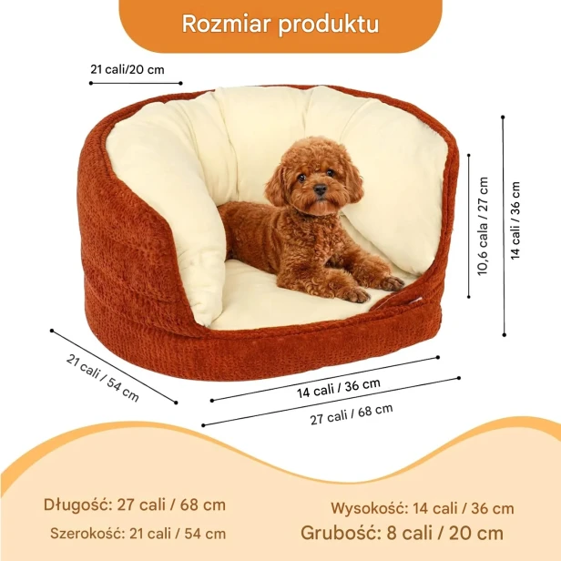 Dokładne wymiary legowiska dla psa w kolorze terakoty i beżu.