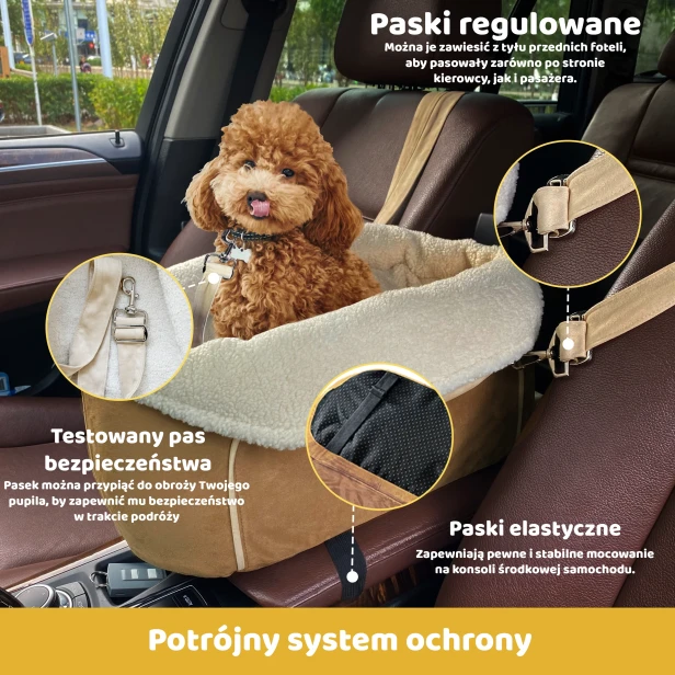 Bezpieczny fotelik samochodowy dla małych psów z Potrójnym Systemem Ochrony. Regulowane paski i mocowanie na konsoli. Idealny dla Pudla. Montaż z przodu i z tyłu.