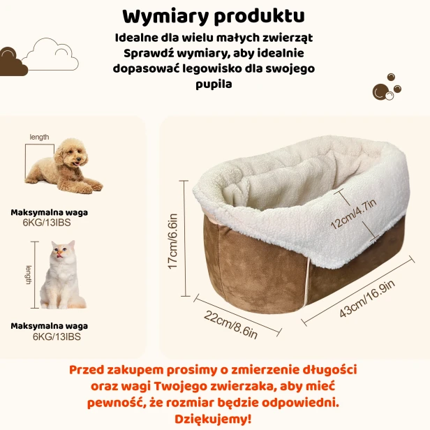 Dokładne wymiary legowiska/fotelika samochodowego dla zwierząt.