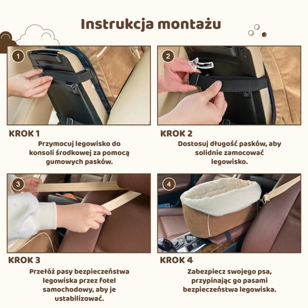 Prosta instrukcja krok po kroku, jak zamontować fotelik/legowisko dla psa na konsoli środkowej samochodu.