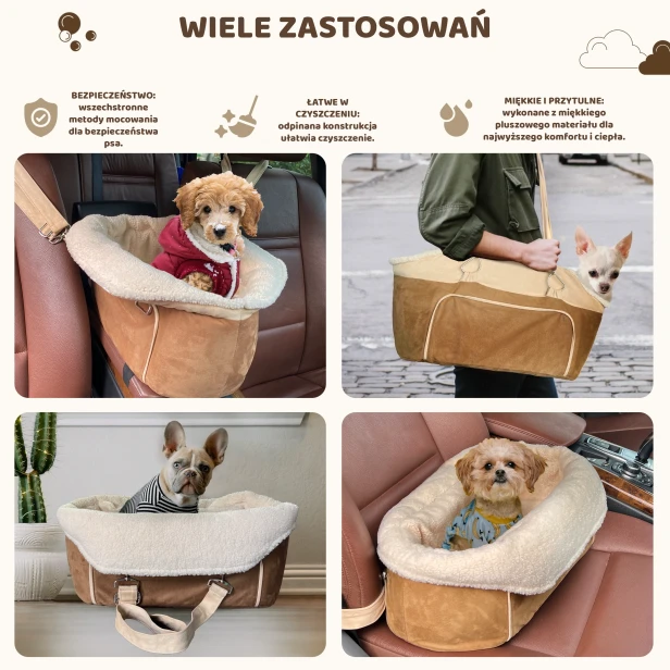 Kolaż zdjęć prezentujący zalety i zastosowania brązowo-beżowego legowiska/torby dla zwierząt.