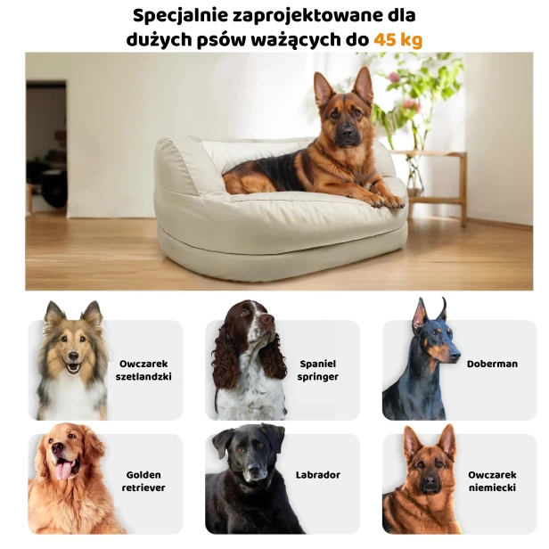 Na dużym, beżowym (kremowym) legowisku leży dorosły Owczarek Niemiecki.