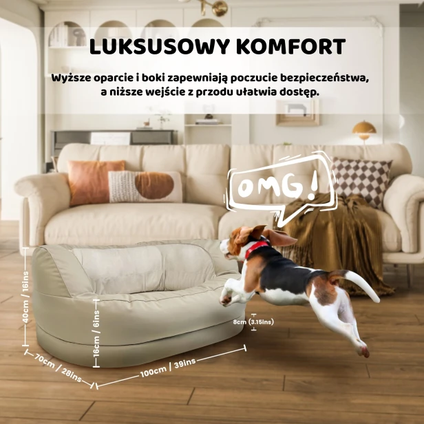 Beagle skaczący do luksusowego, beżowego legowiska o wymiarach 100x70 cm.