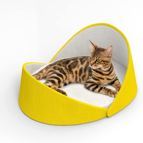 Luksusowe Legowisko Muszla dla Kota z Wysokim Oparciem | Kot Bengalski w Żółtym Kokonie