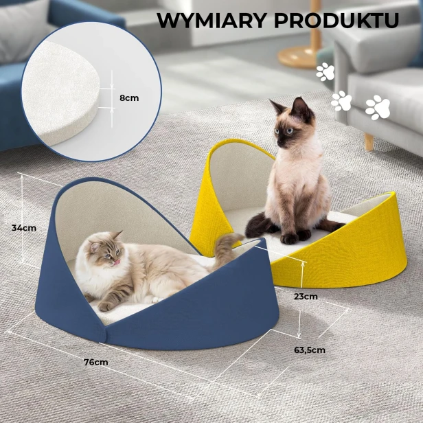 Specyfikacja i wymiary designerskiego legowiska dla kota (76x63,5x34 cm). Dostępne w kolorze niebieskim i żółtym. Grubość materaca: 8 cm.