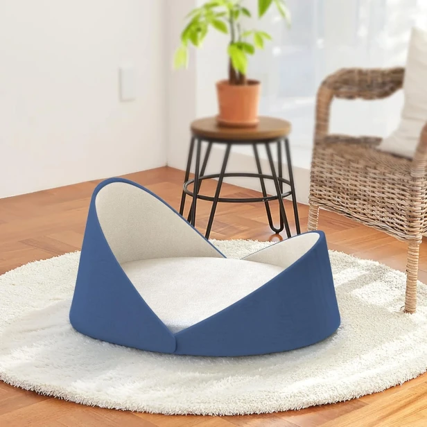 Luksusowe Legowisko Muszla dla Kota — Niebieskie  umieszczone w jasnym, stylowym wnętrzu.