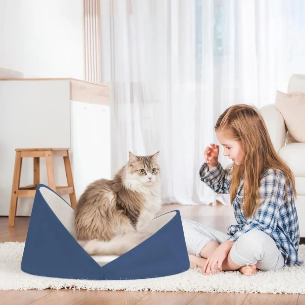 Designerskie, niebieskie legowisko, w którym siedzi puszysty kot, obok którego bawi się dziewczynka.