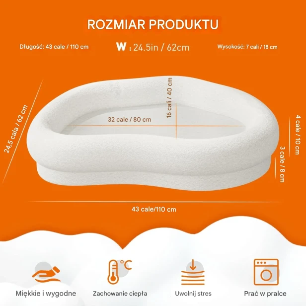 Wymiary legowiska dla psa (110x62 cm) i jego cechy: miękkie, zachowuje ciepło, redukuje stres i można prać je w pralce. Owalny kształt.