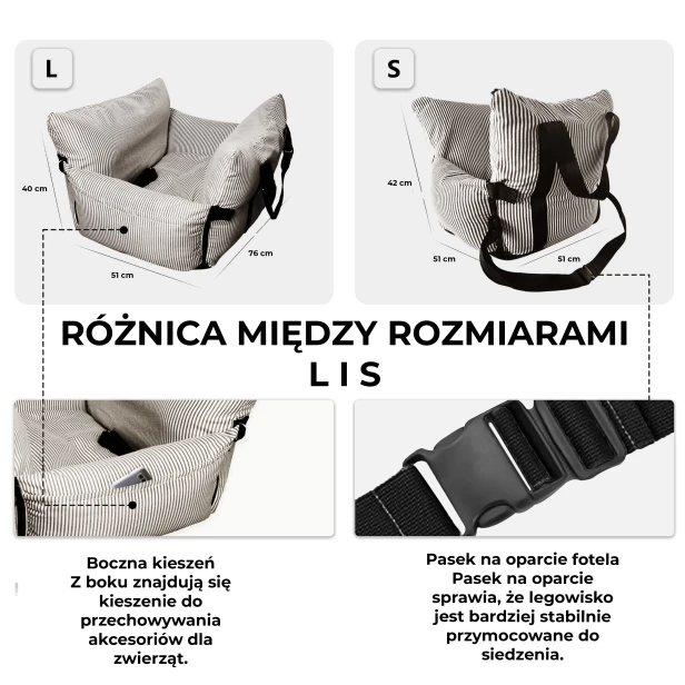 Grafika porównująca rozmiary S i L fotelika samochodowego dla psa w paski.