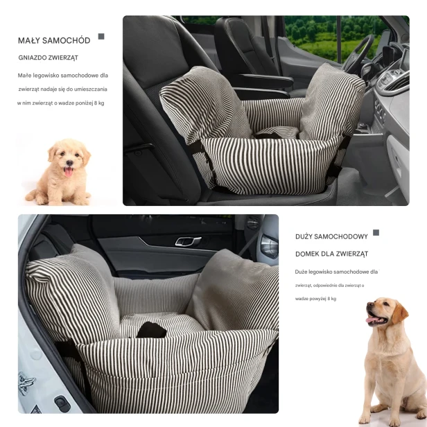 Grafika porównująca dwa rozmiary legowisk samochodowych dla zwierząt (GNIAZDO ZWIERZĄT i DUŻY SAMOCHODOWY DOMEK DLA ZWIERZĄT).