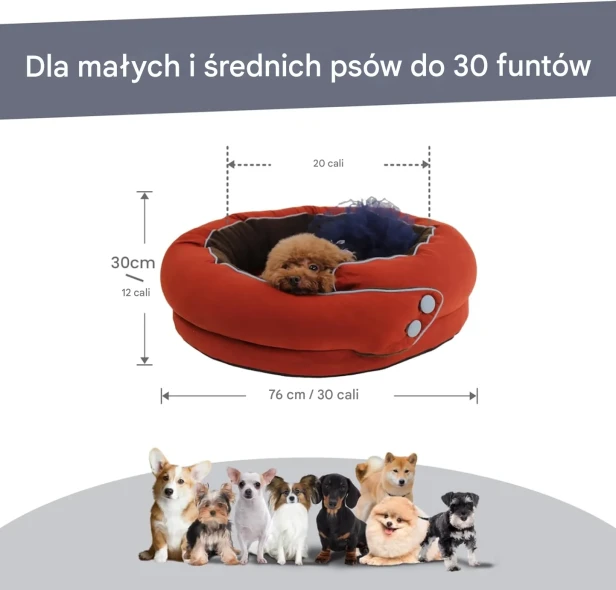 infografika prezentująca legowisko w kolorze rdzawym/terakotowym, przeznaczone dla małych i średnich psów.