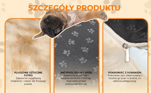Grafika prezentująca "SZCZEGÓŁY PRODUKTU" dla legowiska/maty dla psa.