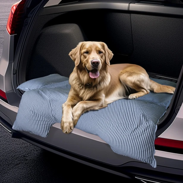Duży pies leży wygodnie na niebiesko-białej macie/legowisku w paski w otwartym bagażniku samochodu typu SUV.